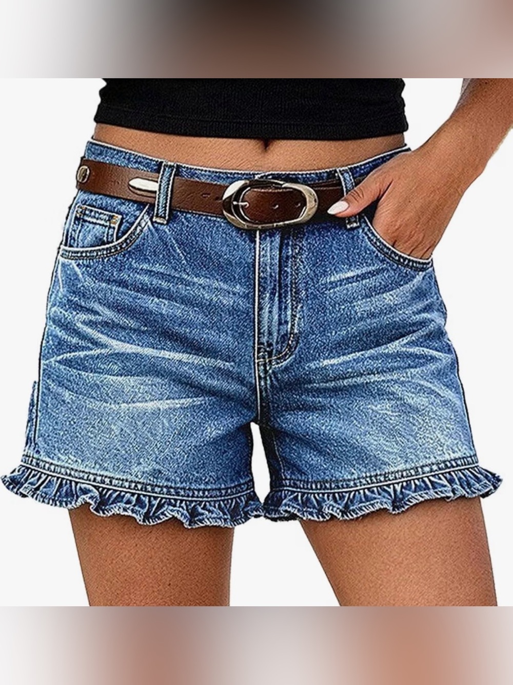 Flamingoals Ruffle Hem Blue Denim Shorts
